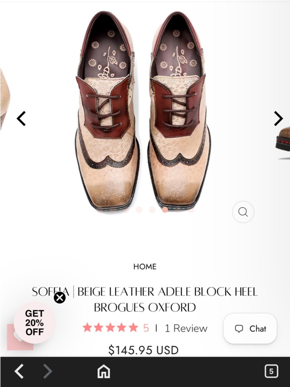 Soffia Adele Leather Brogue Oxford Heels EU 39 Beige Floral Steampunk - Picture 9 of 9
